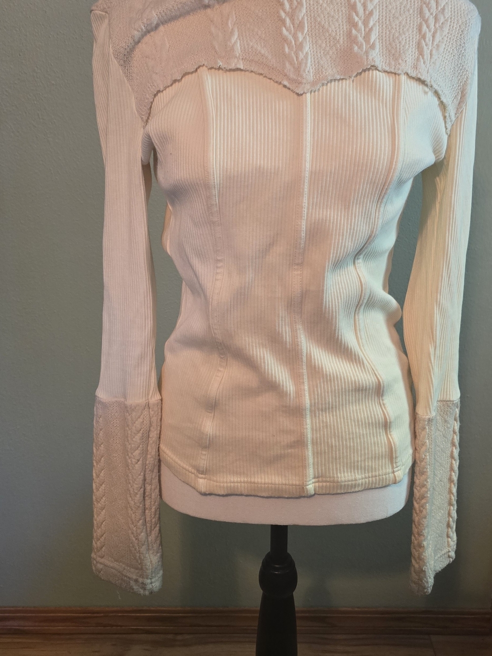 Cream Ribbed Long-Sleeve Knit Top